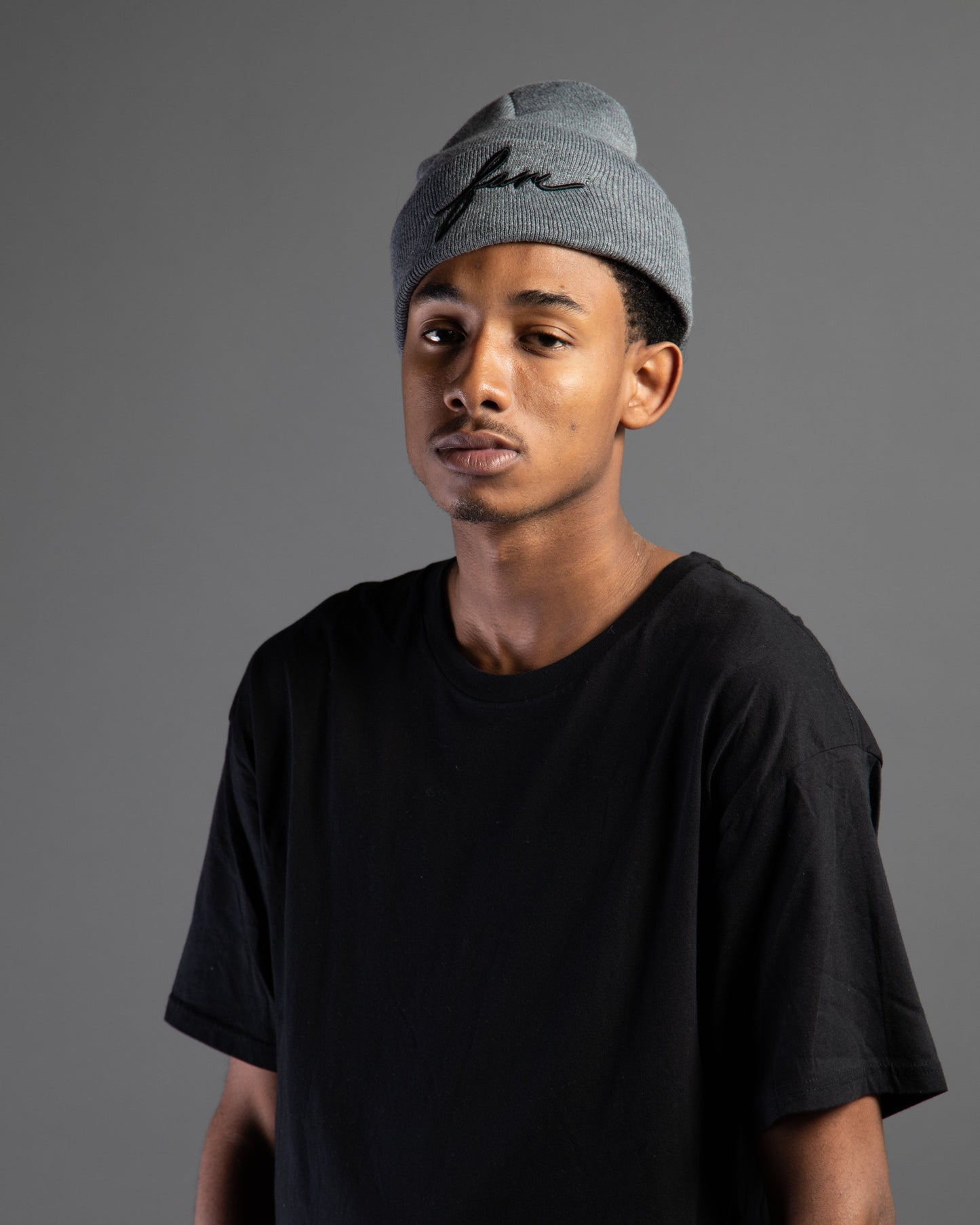 Fam Script Logo Beanie - Black on Grey