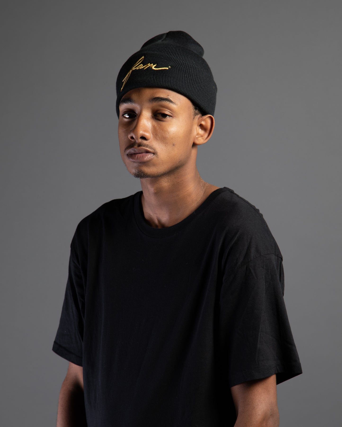 Fam Script Logo Beanie - Gold on Black