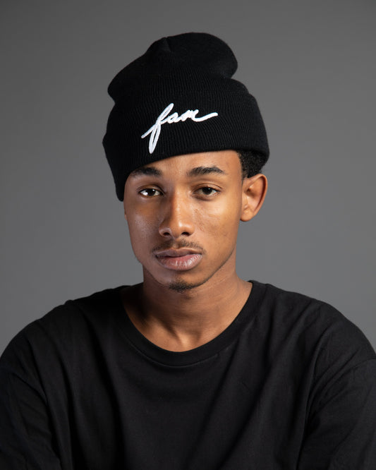 Fam Script Logo Beanie - White on Black